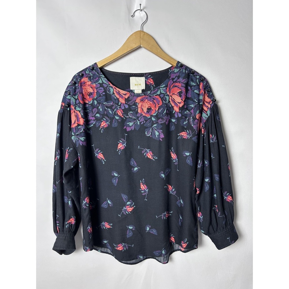 Maeve Blouse Womens Medium Black Floral Studded Puff Sleeve Top Boho Shirt